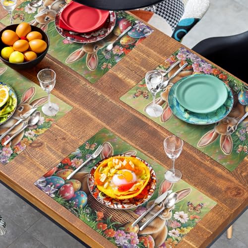 Easter Bunny Placemats Set of 4 Easter Colorful Eggs Floral Linen Fabric Table Mats Spring Farmhouse Seasonal Table Place Mats for Outdoor Indoor Home Party 12x18 Inch (4 Count)