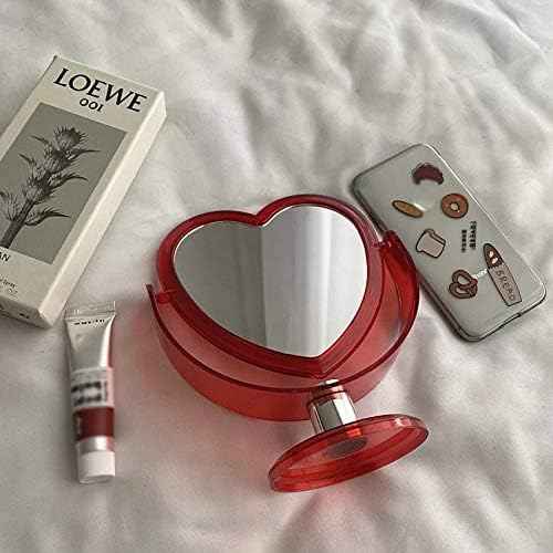 1Pc Acrylic Double Side Makeup Mirror Cute Heart Shaped Cosmetic Mirror, Transparent Base Home Bedroom Desktop Make Up Mirror (Pink)
