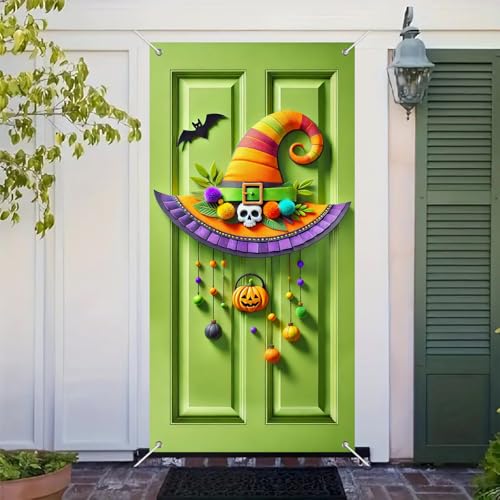 Halloween Door Banner Skull Witch Hat 35x71 Inch Polyester