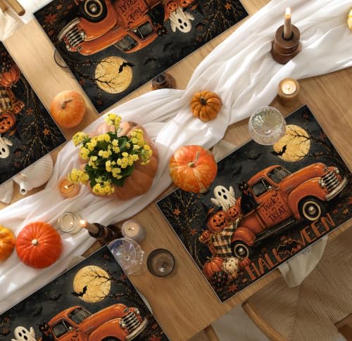 Halloween Placemats Set of 4 Vintage Truck Pumpkin Linen Table Mats 18x12 (4 Count)