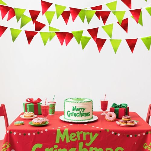 Red and Green Metallic Fabric Triangle Pennant Banner Flag Bunting Garland for Merry Grinchmas Birthday Baby Shower Bachelorette Xmas Holiday Christmas Holiday New Year Party Decorations Supplies (36 Count)