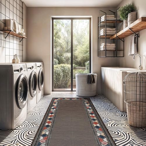 Outdoor Runner Rug 2x7 Modern Floral Bordered Area Rugs for Indoor and Outdoor Patio Easy to Clean Non Shedding Living Room Porch Garden Washable Outside Carpet