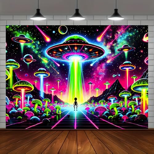Blacklight Tapestry Alien UFO Neon Decor 78 x 59 Inch