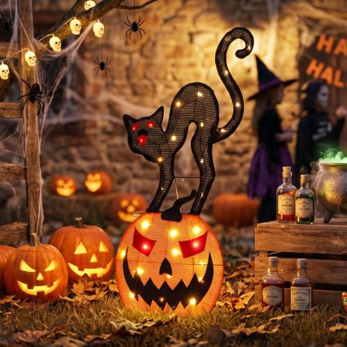 30" H Halloween Black Cat on Pumpkin 2D Lighted Yard Outdoor Decor (Pumpkin & Black Cat)