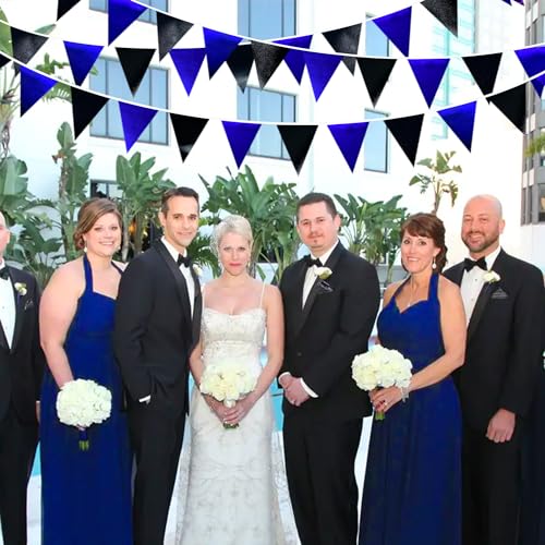 Royal Blue Black Party Decorations Navy Black Metallic Fabric Triangle Pennant Banner Flag Bunting Garland for Graduations Birthday Retirement Wedding Bachelorette Nautical Outdoor Party Supplies (32 Foot)