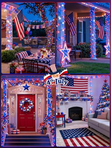 Solar Christmas String Lights Outdoor 2 Pack 200 LED 66FT Red White Blue (2 Count)