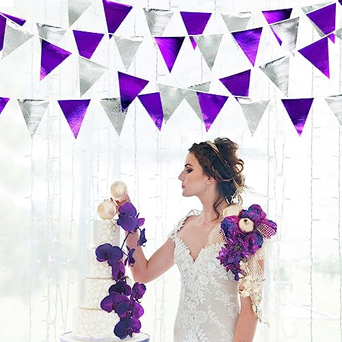 Purple and Silver Party Decorations Triangle Pennant Banner Flag Metallic Fabric Bunting Garland for Birthday Graduation Retirement Bachelorette Wedding Bridal Shower Engagement Disco Party Supplies (36 Count)