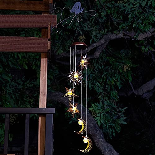 Solar Wind Chimes for Outside with Sun Moon Star Solar Hanging Lights Windchimes Outdoors Garden Decor Gifts for Mother