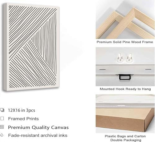3 Pcs Minimalism Abstract Boho Lines Canvas Wall Art 16x24in (3 Count)