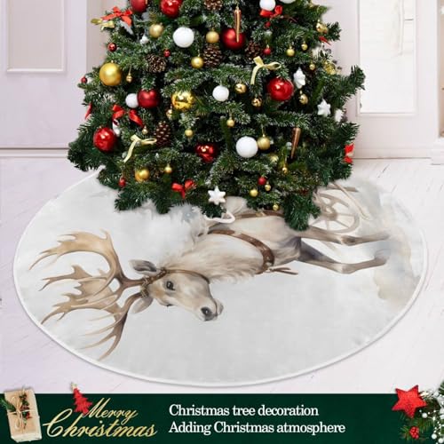 36 Inch White Christmas Elk Tree Skirt for New Year Party Decorations and Xmas Tree Mat