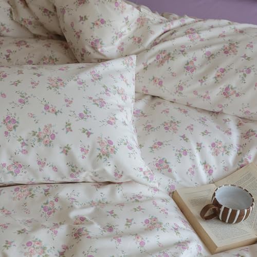 Botanical Floral Comforter Set Twin XL Cute Garden Floral Bedding Comforter with 2 Pillowcases Soft Fluffy Pink Purple Flowers Comforter Vintage Style Botanical Comforter Set for Girls Women (3 Piece Set)