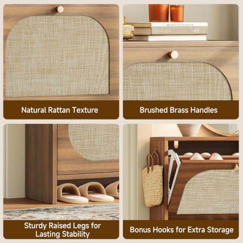Freestanding Ultra Slim Arched Rattan Accent Shoe Storage Cabinet for Entryway