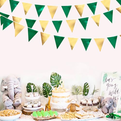 Green Gold Party Decorations Metallic Fabric Triangle Pennant Banner Flag Bunting Garland for Graduations Birthday Retirement Wedding Shower Spring Summer Master Golf Themed Outdoor Party Supplies