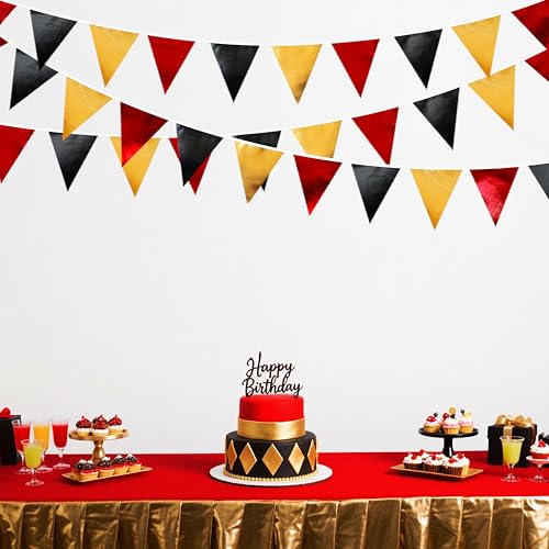 Red Black Gold Party Decorations Metallic Fabric Triangle Pennant Banner Flag Bunting Garland for Graduation Birthday Anniversary Pirate Poker Casino Las Vegas Christmas Holiday Party Supplies (32 Foot)