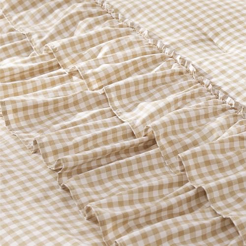 King Size Comforter Set Gingham Ruffle Tan 7 Pieces Bed in a Bag