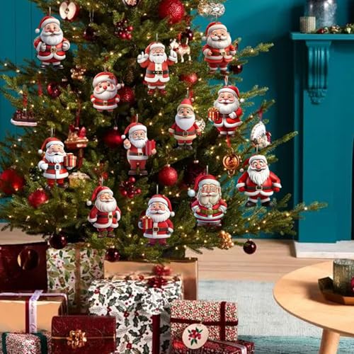 12Pcs Christmas Ornaments Plane Acrylic Cute Santa Claus Xmas Tree Hanging Decorations Plastic Pendant Ornaments for Xmas Tree Accessories Party DIY Decor