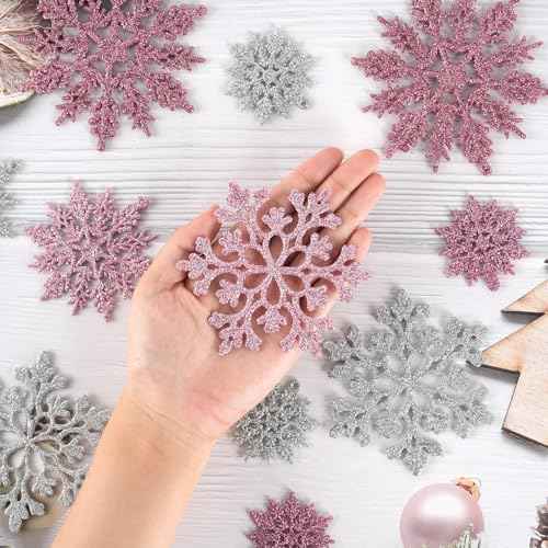 36pcs Pink Silver Christmas Snowflake Ornaments (36 Count)