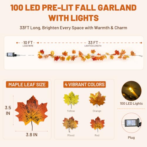 33FT Fall Garland with Lights Connectable Fall Leaves Garland Plugin