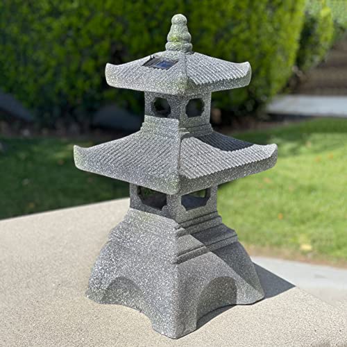 2 Tier Pagoda Garden Statue LED Solar Powered Light 26" Tall Outdoor Zen Garden Lantern Landscape Lawn Asian Pagoda Stupa Decor Grey Resin