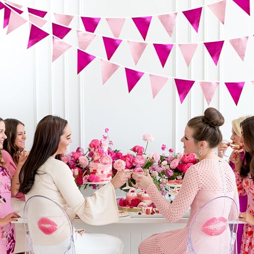 Hot Pink Party Decorations Metallic Fabric Gradient Pink Triangle Pennant Banner Flag Bunting Garland for Women Girl Birthday Retirement Bridal Shower Wedding Baby Shower Bachelorette Party Supplies (36 Count)