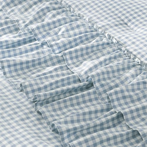 Full Size Comforter Set Blue Gingham Ruffle 7 Pieces Farmhouse Bed in a Bag