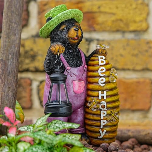 Honey Bear Garden Statue with Lighted Beehive & Lantern