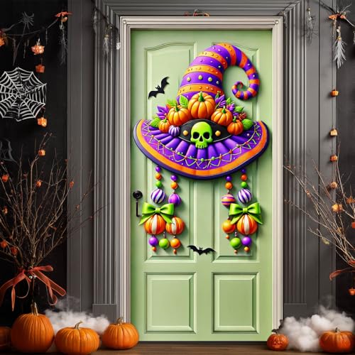 Halloween Entryway Banner Witch Hat Skull 35x71 Inch Polyester