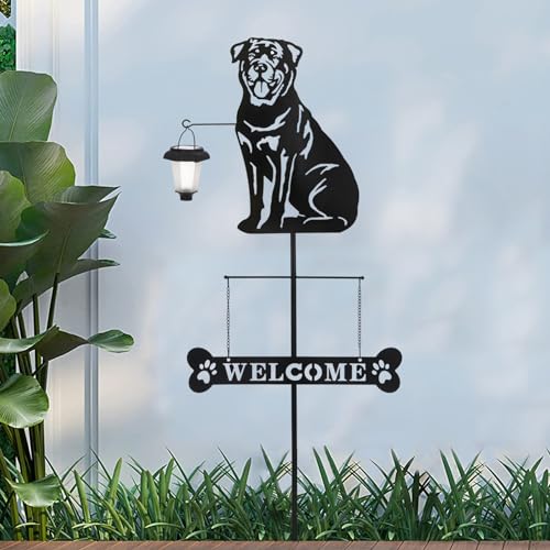 Solar Rottweiler Silhouette Dog Breed Welcome Sign with a Lantern