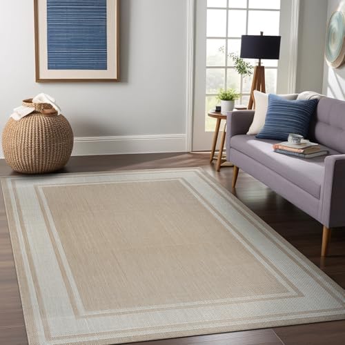 Outdoor Rug 5x7 Modern Bordered Area Rugs for Indoor and Outdoor Patio Deck Porch Garden Waterproof Weather Sun Resistant Washable Outside Carpet (35 Sq Ft)