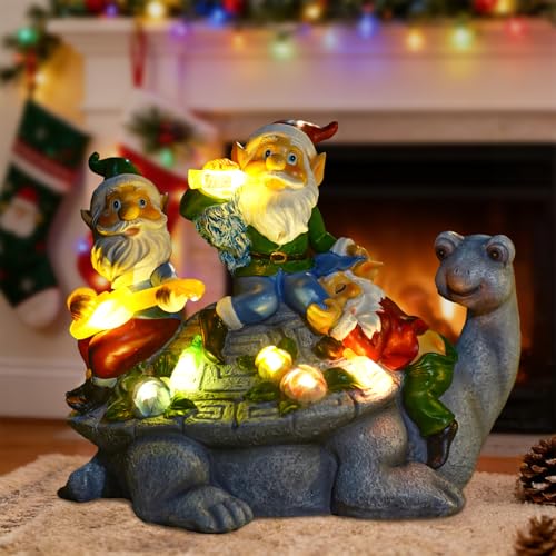 Upgraded Size Solar Garden Outdoor Statues Gnome Turtle Three Gnomes Having Party on Turtle with 7 LED Lawn Decor Outside Decorations for Patio