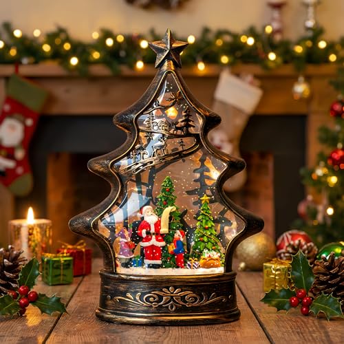 Christmas Snow Globe Lantern Water Glittering Santa's List with Music& Timer