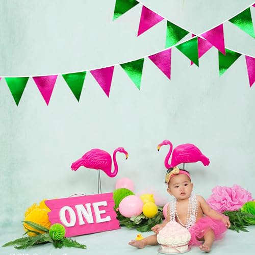 Pink and Green Party Decorations Metallic Hot Pink Light Green Fabric Triangle Pennant Banner Flag Bunting Garland for Witches Theme Birthday Wedding Baby Shower Engagement Bachelorette Party Supplies (36 Count)
