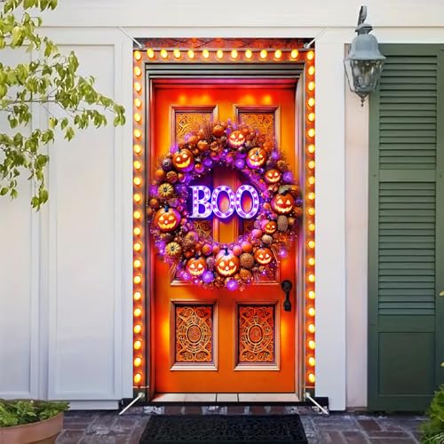 Halloween Door Banner LED Pumpkin Wreath 35x71 Inches Spooky Lit “Boo” Decor with String Lights & Jack