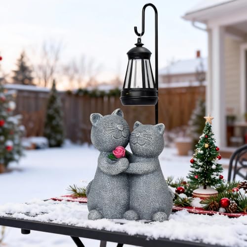 Outdoor Cat Garden Statues with Solar Lantern