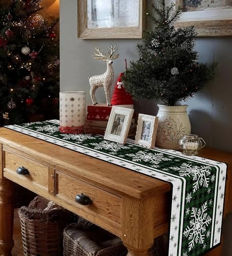 Christmas Table Runner Snowflakes Christmas Decorations with Red Buffalo