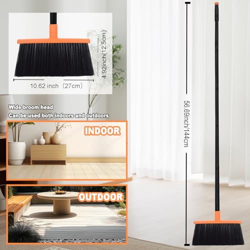 Small Broom Stiff Bristles Brush with Long Handle Indoor or Outdoor Compact Broom for Sweeping Patio Garage Garden