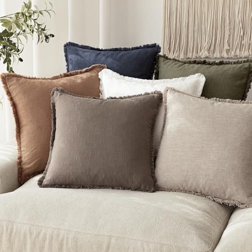 Decorative Linen Fringe Throw Pillow Covers 20×20 Natural Linen (2 Count)