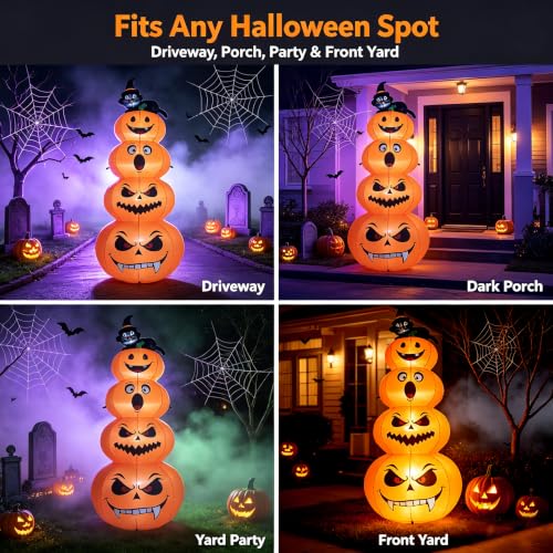 8FT Halloween Inflatable Stacked Pumpkins with Black Cat & LED Lights (Orange)