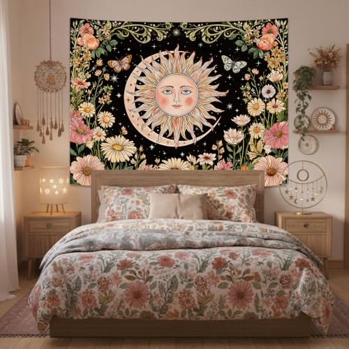 Boho Vintage Sun and Moon Hippie Floral Tapestry 48 x 36 Inch