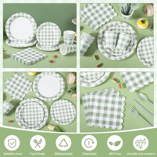 175 Pcs Sage Green Gingham Paper Plates and Napkins Cups (175 Count)