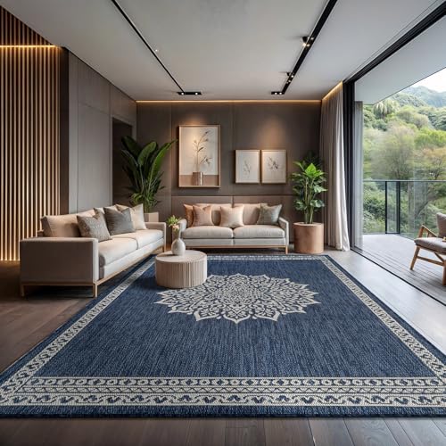 Outdoor Rug 9x12 Medallion Blue Modern Large Area Rugs for Indoor and Outdoor Patios Kitchen and Hallway Mats Washable Porch Deck Outside Carpet (108 Sq Ft)