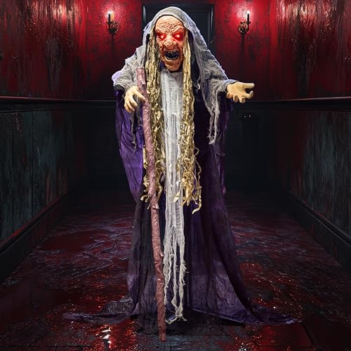 62” Halloween Decorations Outdoor Animatronics Standing Hunchback Witch with Light Creepy Sound Decor