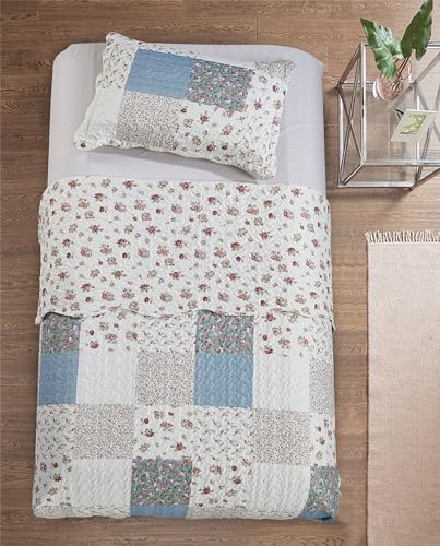 Pink Roses & Blue Checks Patchwork Quilt Set