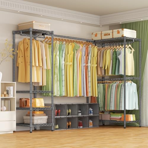 E10L L Shaped Clothes Rack for Corner(With Expandable Hanger Rod)Heavy Duty Freestanding Clothing Racks for Hanging Clothes