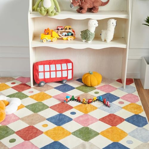 2x6 Runner Rug Colorful Checkered Washable Kids Rug Playful Hallway (12 Sq Ft)