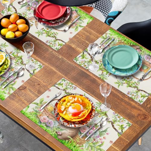 Easter Rabbit Placemats Set of 4 Spring Easter Egg Bunny Flowers Floral Place Mat 12x18 Inch Seasonal Farmhouse Linen Fabric Table Mats for Kitchen Dining Outdoor Indoor Easter Party Decoration