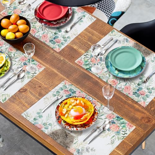 Easter Bunny Placemats Set of 4 Eucalyptus Leaves Rabbit Rose Place Mats 12x18 Inch Spring Seasonal Vintage Farmhouse Heat Resistant Washable Table Mats for Party Kitchen Dining (4 Count)