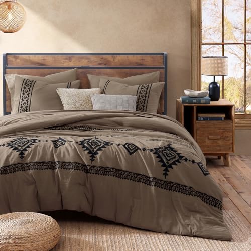 Embroidery Queen Comforter Set 7 Pieces Taupe Grey Bed in a Bag