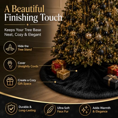 24 Inch Faux Fur Christmas Tree Skirt Black Plush Skirt for Merry Christmas Party Christmas Tree Decoration