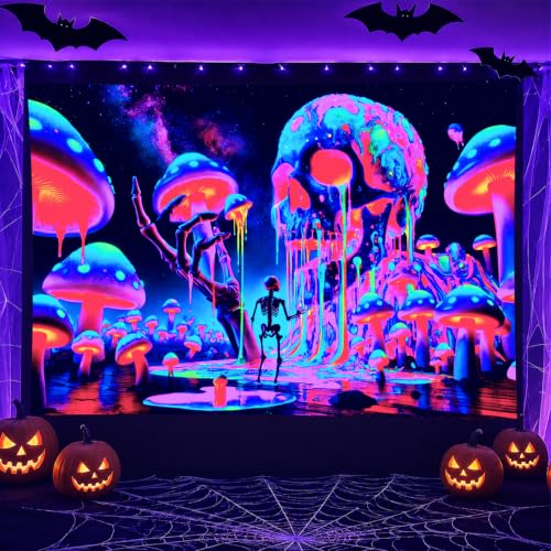 Blacklight Tapestry Skull Mushroom Neon Decor 78 x 59 Inch